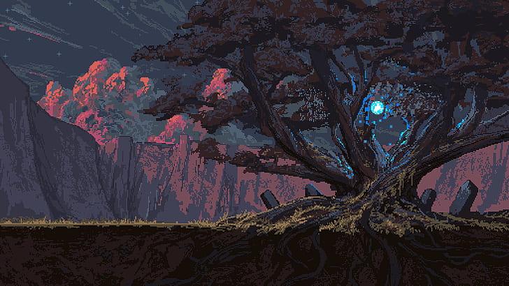 árvores, raízes, magia, Noah Bradley, pixel art, HD papel de parede