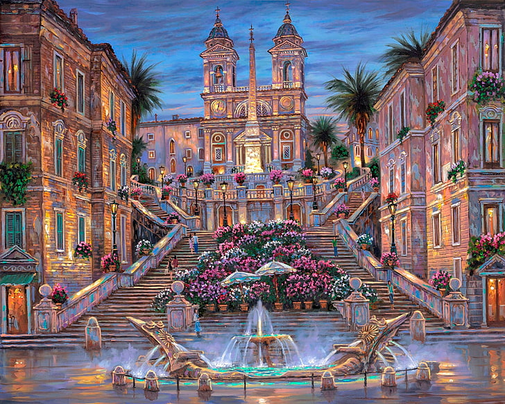 Spanish Steps, Roma, Italy illustration, flowers, palm trees, the evening, Rome, Italy, fountain, stairs, twilight, painting, Robert Finale, Rome. The Spanish Steps, HD wallpaper