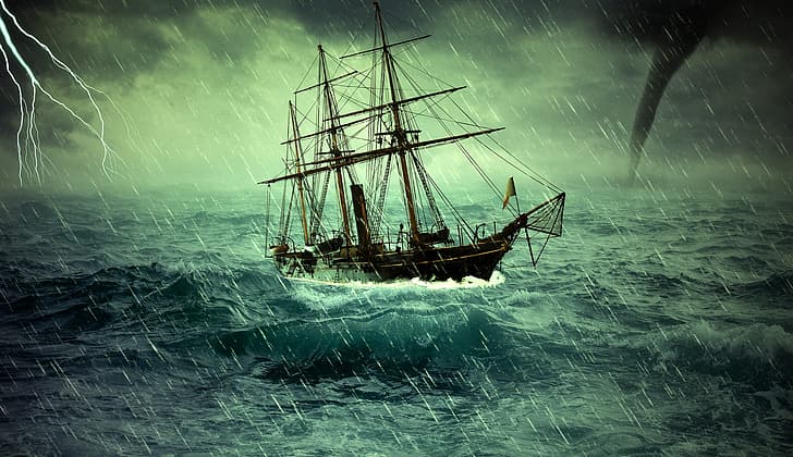 ship, storm, tornado, sea, HD wallpaper