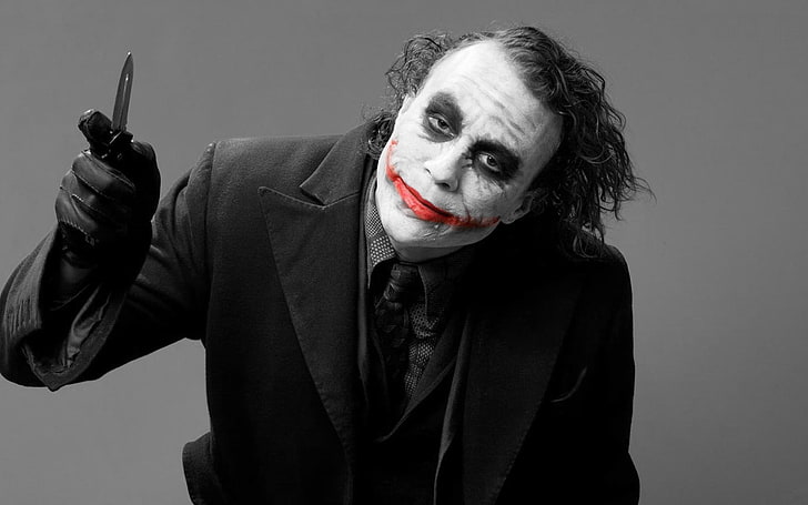The Joker, smile, grey, background, the film, blood, Batman, JOKER, costume, knife, scar, the dark knight, Heath Ledger, Ledger, HD wallpaper
