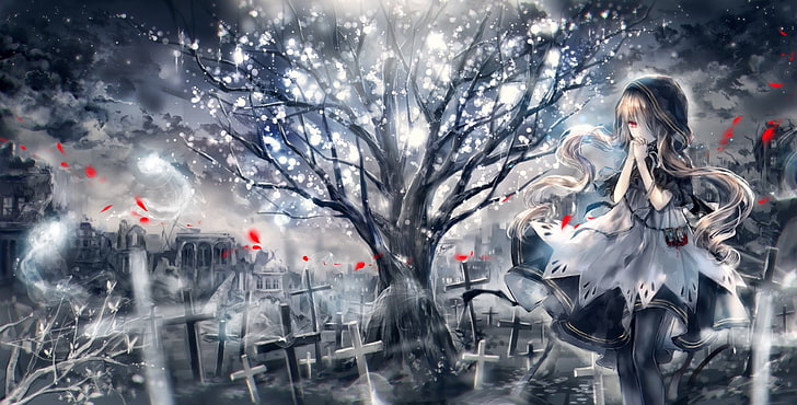 Anime, oryginał, blondynka, cmentarz, noc, czerwone oczy, drzewo, Tapety HD
