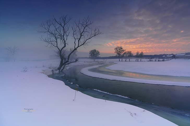Landschaft, Schnee, Schnee bedeckt, Bäume, Wolken, Kälte, Winter, Fotografie, Natur, Natur, Fluss, Bach, Sonnenuntergang, HD-Hintergrundbild