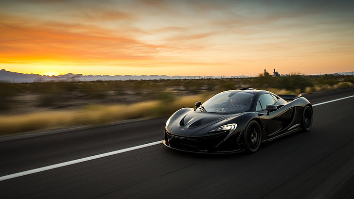 McLaren P1, car, motion blur, road, sunset, HD wallpaper