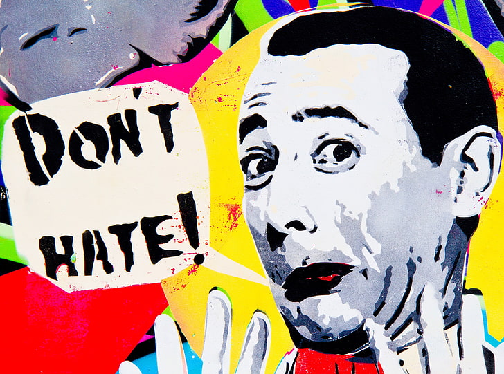 Dont Hate, multicolored don't hate man's portrait painting, Artistic, Graffiti, Artwork, austin, Downtown, mural, southcongress, donthate, homeslicepizza, peeweeherman, HD wallpaper