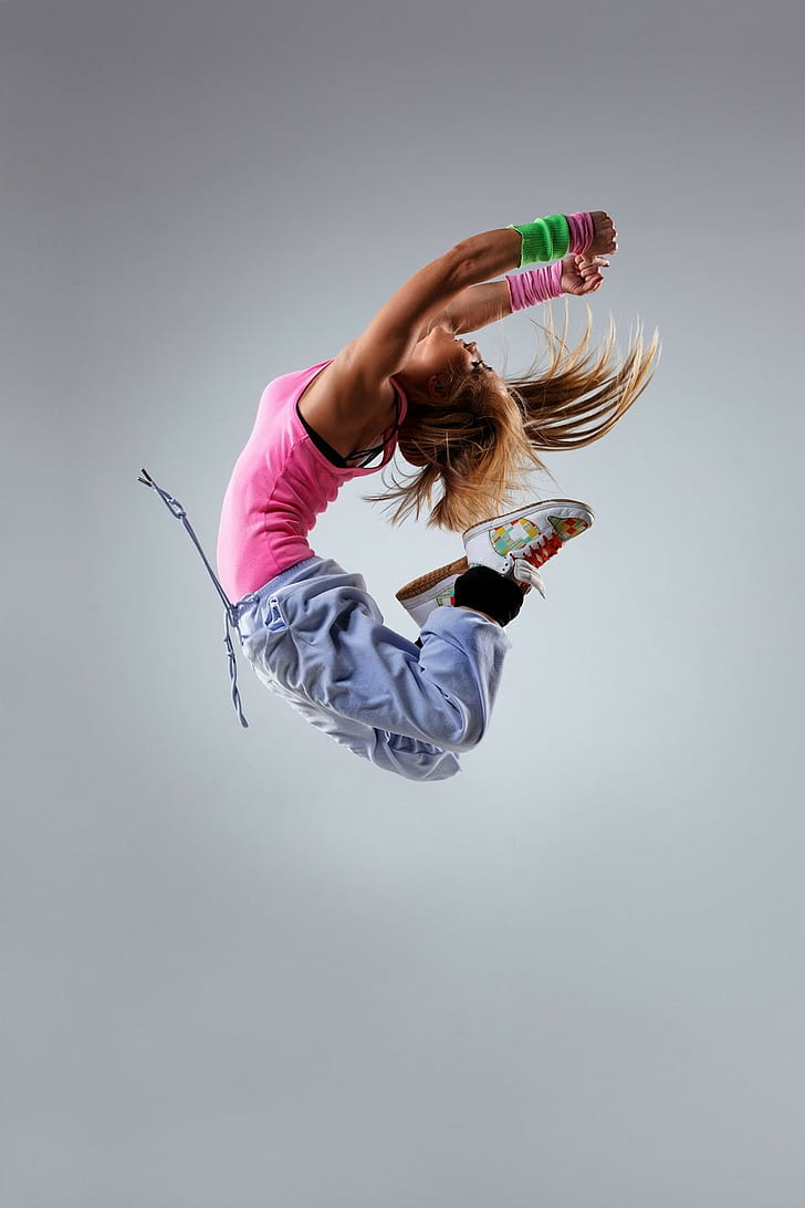 dancing, breakdance, dancer, women, blonde, jumping, pink tops, sneakers, HD wallpaper