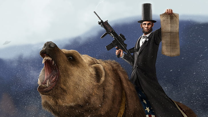 Авраам Линкольн, верхом на медведе, иллюстрация, Авраам Линкольн, медведи, пистолет, медведи гризли, AR-15, HD обои