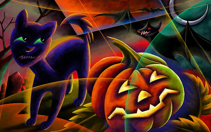 night, the moon, cemetery, pumpkin, Eclipse, bat, black cat, Happy Halloween, Jack, HD wallpaper