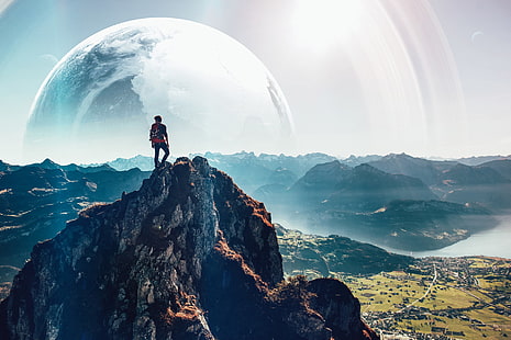 osoba stojąca na skalnej górze ilustracja, krajobraz, planeta, mężczyźni, fantasy art, góry, sztuka cyfrowa, Vadim Sadovski, obróbka zdjęć, Tapety HD HD wallpaper