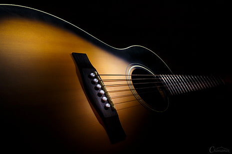 brown acoustic guitar, macro, music, guitar, HD wallpaper HD wallpaper