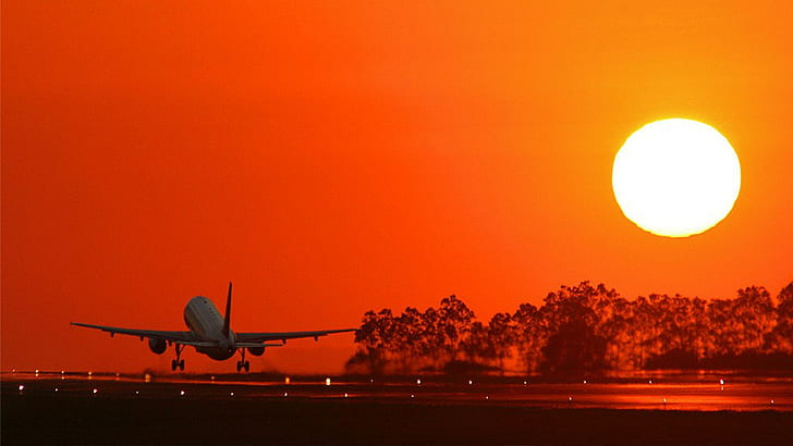 Odlot o zachodzie słońca, samoloty, komercyjne, odlot, zachód słońca, samoloty, Tapety HD