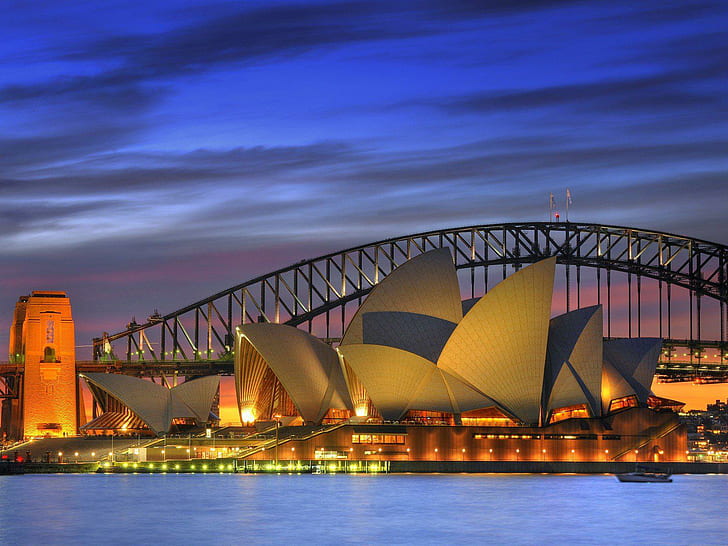 Night Opera House Australia Harbour Sydney Harbour Bridge Skrivbordsunderlägg, arkitektur, australien, bakgrunder, bro, skrivbord, hamn, hamn, hus, natt, opera, sydney, HD tapet