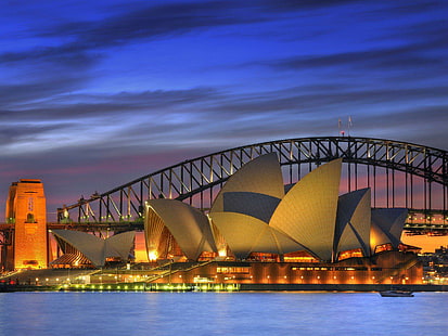 Night Opera House Australia Harbour Sydney Harbour Bridge Sfondi desktop gratis, architettura, australia, sfondi, bridge, desktop, porto, porto, casa, notte, opera, sydney, Sfondo HD HD wallpaper