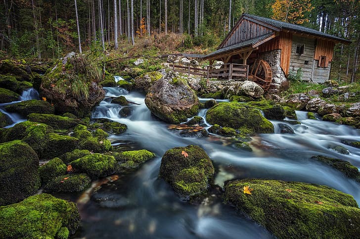 forest, stream, stones, moss, Austria, mill, water mill, Salzburg, Golling an der Salzach, Black Brook Creek, the brook Schwarzbach, HD wallpaper