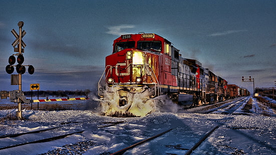 червен и кафяв влак, железопътна линия, влак, зима, товарен влак, сняг, дизелов локомотив, превозно средство, HD тапет HD wallpaper