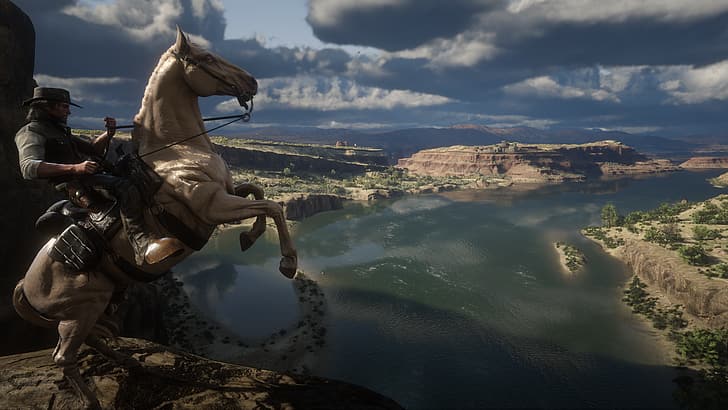 Red Dead Redemption 2, John Marston, spoiler, cavallo, paesaggio, screenshot, Sfondo HD