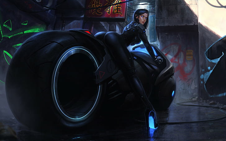 жена езда мотоциклет илюстрация, задник, дигитално изкуство, футуристичен, жени, HD тапет