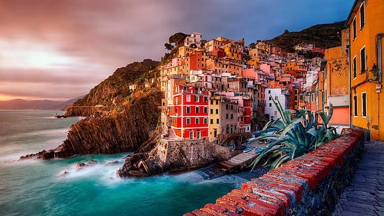море, Манарола, небе, крайбрежие, Италия, La Spezia, скала, туризъм, вечер, рок, Лигурия, пейзаж, Cinque Terre, HD тапет HD wallpaper