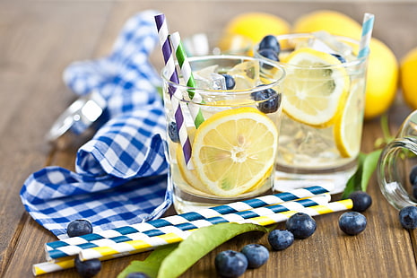 dua gelas batu bening, es, daun, beri, lemon, kubus, blueberry, gelas, minum, tabung, Wallpaper HD HD wallpaper