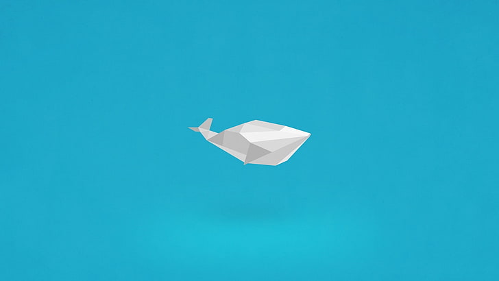 ilustración blanca, baja poli, ilustraciones, origami, minimalismo, arte digital, ballena, fondo simple, fondo azul, cian, fondo cian, Fondo de pantalla HD