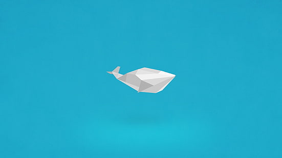 ilustración blanca, baja poli, ilustraciones, origami, minimalismo, arte digital, ballena, fondo simple, fondo azul, cian, fondo cian, Fondo de pantalla HD HD wallpaper
