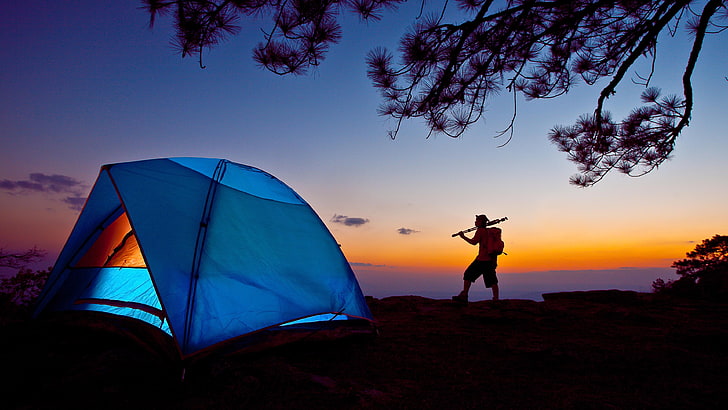 tent, camping, man, branch, sunset, sky, nature, orange sky, evening, illuminating, outdoor, tree, adventure, landscape, dusk, HD wallpaper