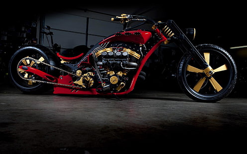 красный и черный чоппер мотоцикл, велосипед, чоппер, стильно, HD обои HD wallpaper