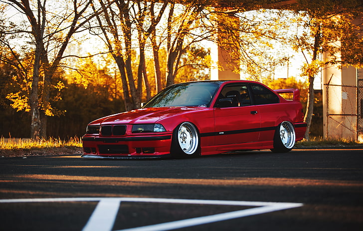 red BMW coupe, auto, tuning, BMW, red, E36, HD wallpaper