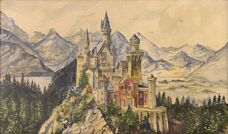 obra de arte, pintura, castillo de fantasía, castillo, bosque, montañas, lago, castillo de Hohenzollern, Fondo de pantalla HD
