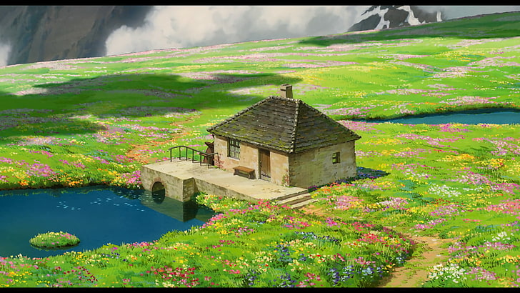 коричневый бетонный дом, аниме, студия Ghibli, пейзаж, дом, вода, поле, коттедж, цветы, мирные, Howl's Moving Castle, HD обои