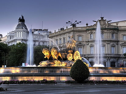 green leafed plant, chariot, the evening, fountain, twilight, lions, Spain, Palace, the goddess of the fertility of the land, Cybele, Palacio de Linares, monument, Cibeles fountain, Madrid, HD wallpaper HD wallpaper