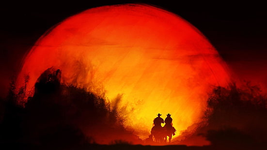 wild west, sunset, art, western, landscape, horseride, cowboy, cowboys, silhouette, riders, rider, dusk, dust, HD wallpaper HD wallpaper