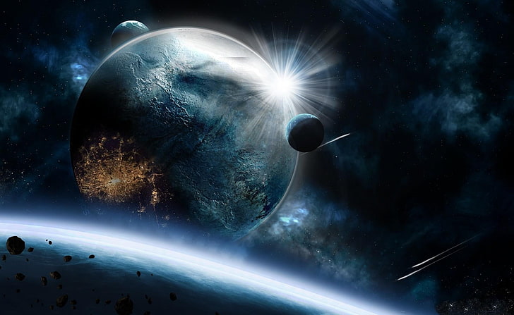 planets illustration, planets, asteroids, speed, impact, explosion, HD wallpaper