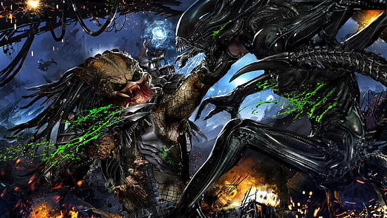 alien vs predador, xenomorfo, obra de arte, ficção científica, luta, fantasia, HD papel de parede HD wallpaper