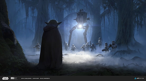 Illustrazione di Star Wars, opere d'arte, Star Wars, Yoda, Storm Troopers, AT-ST, fantascienza, Sfondo HD HD wallpaper