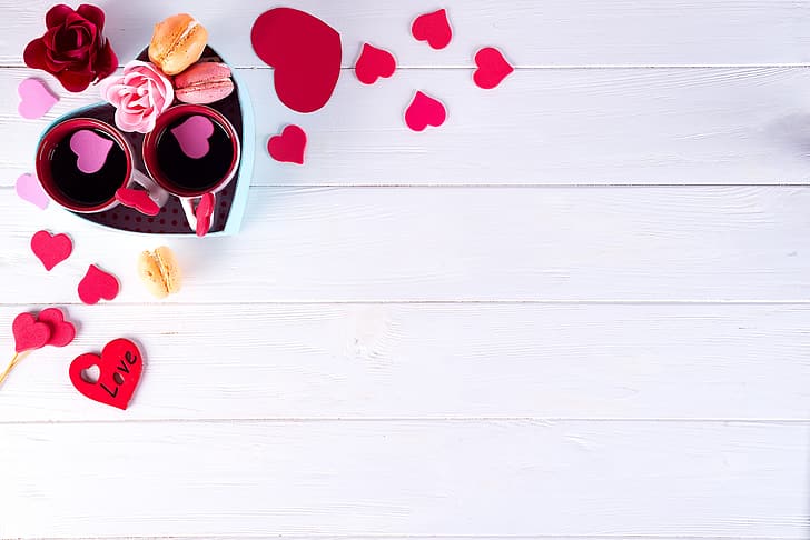 hadiah, jantung, mawar, hati, cinta, pink, romantis, cangkir kopi, kue, macaron, secangkir kopi, kue serabi, Wallpaper HD