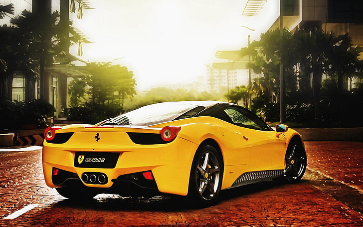 Ferrari kuning coupe, mobil, Ferrari, Ferrari 458, Ferrari 458 Italia, mobil kuning, kendaraan, Wallpaper HD