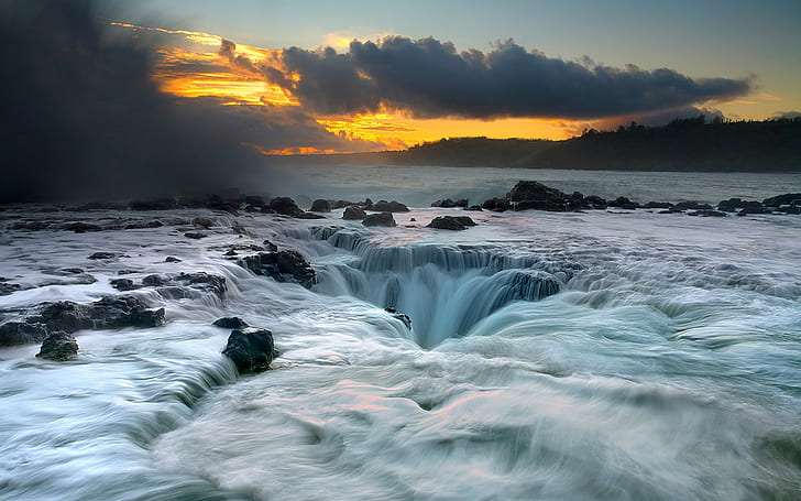 paisaje, naturaleza, calas, mar, puesta de sol, Hawai, Fondo de pantalla HD