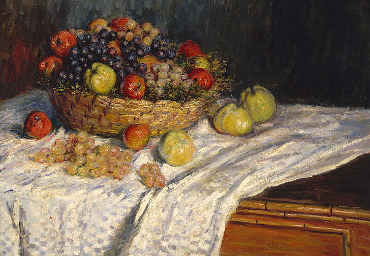 picture, still life, Claude Monet, Fruit basket with Apples and Grapes, HD wallpaper