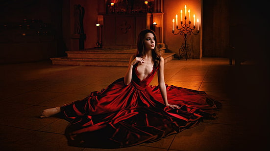 Ксения Кокорева, жени, брюнетка, дълга коса, поглед встрани, рокля, червено облекло, червена рокля, на пода, деколте, свещи, HD тапет HD wallpaper