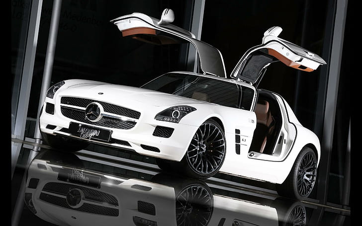 2012 Mercedes Benz SLS AMG Flyer Design Inden, cupê branco, design, mercedes, benz, 2012, inden, flyer, carros, mercedes benz, HD papel de parede