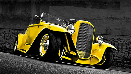 ford, custom, car, motor vehicle, yellow, vehicle, classic car, retro car, vintage car, hot rod, HD wallpaper HD wallpaper