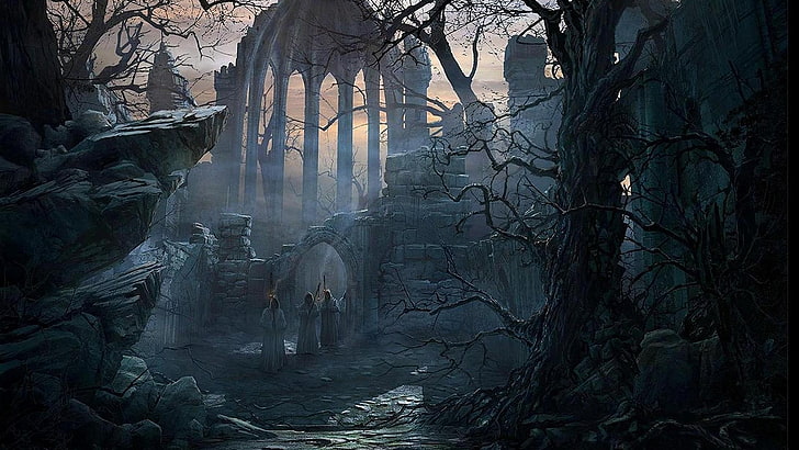 Schwarzweiss-Blumendruckgewebe, Tempel, Mönche, Bäume, Ruine, verlassen, Nacht, Nebel, HD-Hintergrundbild