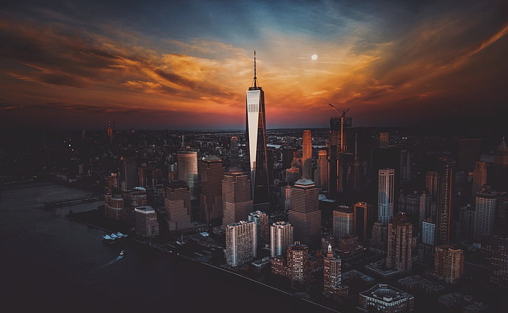 Всемирный торговый центр, Нью-Йорк, вид с воздуха на город во время заката, городской пейзаж, Нью-Йорк, закат, небоскреб, Всемирный торговый центр, HD обои