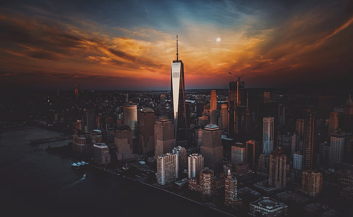 cityscape, One World Trade Center, matahari terbenam, Kota New York, gedung pencakar langit, Wallpaper HD