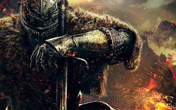 мужчина держит меч обои, Dark Souls, Dark Souls II, видеоигры, меч, горы, воин, цифровое искусство, произведение искусства, DeviantArt, HD обои