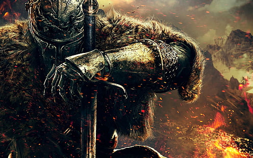 człowiek trzymający miecz tapeta, Dark Souls, Dark Souls II, gry wideo, miecz, góry, wojownik, sztuka cyfrowa, grafika, DeviantArt, Tapety HD HD wallpaper