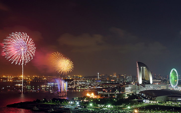 salute, Japan, fireworks, Fireworks. Yokohama, Kanagawa, HD wallpaper