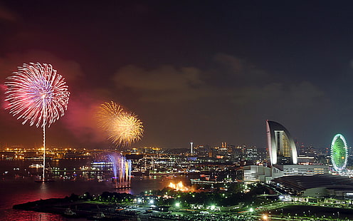 salute, Japan, fireworks, Fireworks. Yokohama, Kanagawa, HD wallpaper HD wallpaper