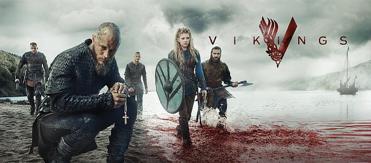 Vikings poster, blood, the series, cross, characters, the fjord, Vikings, The Vikings, Katheryn Winnick, Travis Fimmel, Ragnar Lodbrok, HD wallpaper