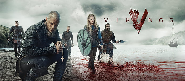 Плакат за викинги, кръв, сериал, кръст, герои, фиордът, викинги, викингите, Катрин Уиник, Травис Фимел, Рагнар Лодброк, HD тапет HD wallpaper